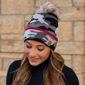 Panache Grey Camo With Red Stripe Knit Beanie
